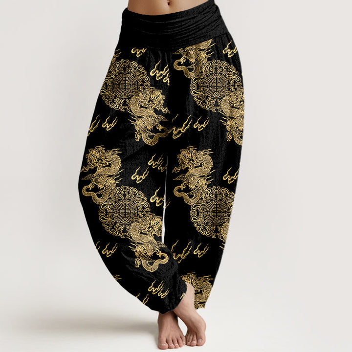 Damen-Haremshose aus reiner Baumwolle mit Buddha Stones, doppeltem Drachen- und Wolkenmuster, elastischem Bund - Schwarz - US16, UK/AU20, EU48 (3XL) - image 0