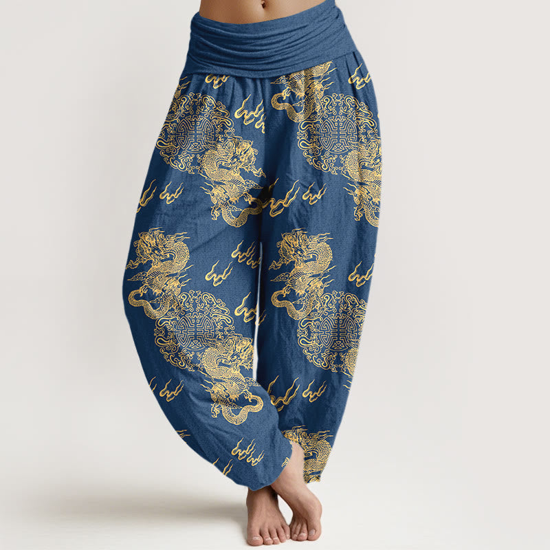 Damen-Haremshose aus reiner Baumwolle mit Buddha Stones, doppeltem Drachen- und Wolkenmuster, elastischem Bund - SteelBlue - US16, UK/AU20, EU48 (3XL) - image 5
