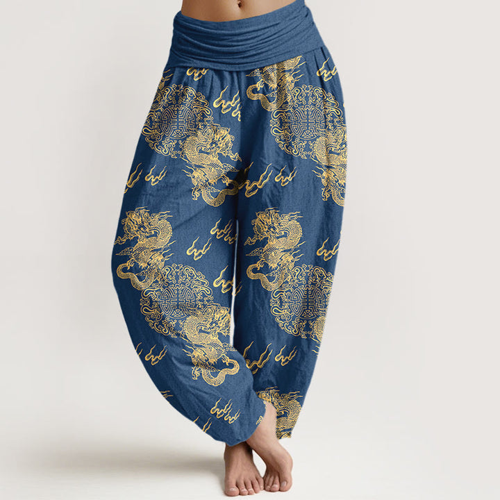 Damen-Haremshose aus reiner Baumwolle mit Buddha Stones, doppeltem Drachen- und Wolkenmuster, elastischem Bund - SteelBlue - US16, UK/AU20, EU48 (3XL) - image 5
