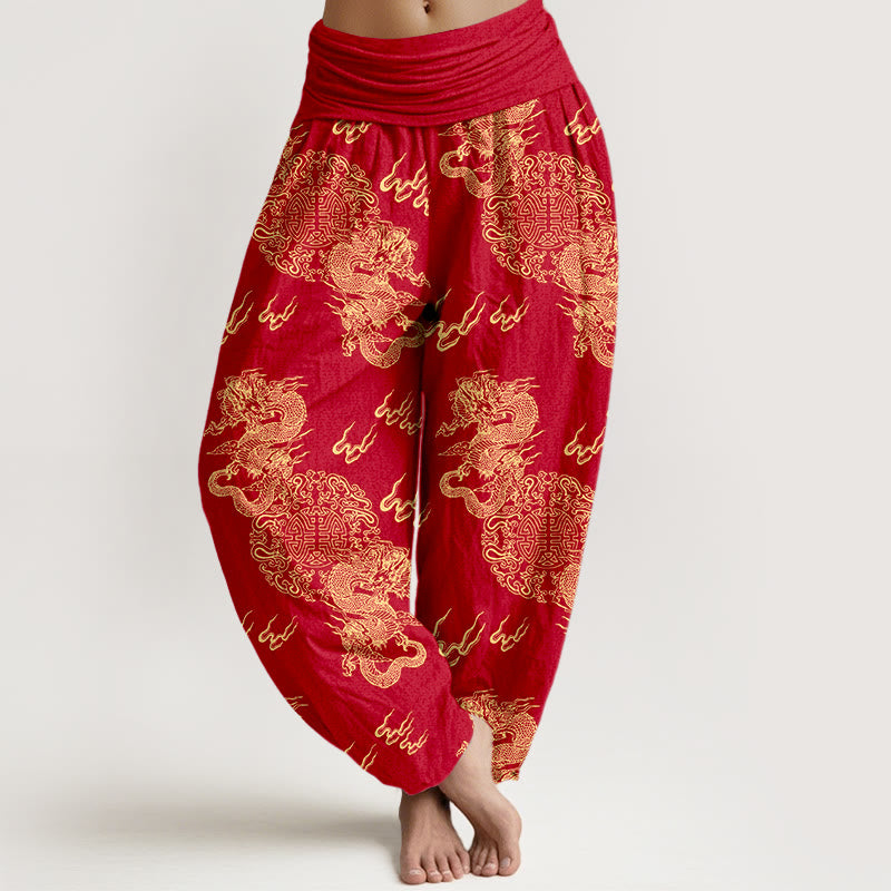 Damen-Haremshose aus reiner Baumwolle mit Buddha Stones, doppeltem Drachen- und Wolkenmuster, elastischem Bund - Feuerfestziegel - US16, UK/AU20, EU48 (3XL) - image 8