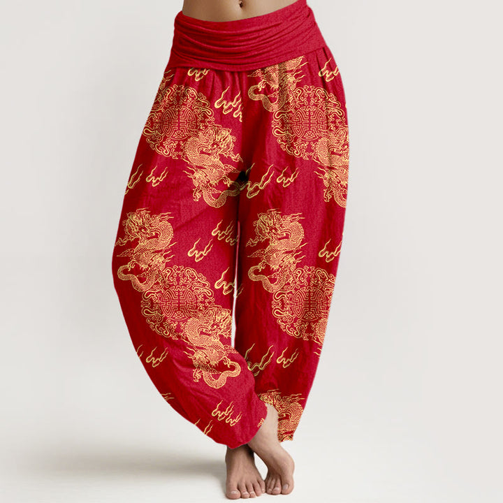 Damen-Haremshose aus reiner Baumwolle mit Buddha Stones, doppeltem Drachen- und Wolkenmuster, elastischem Bund - Feuerfestziegel - US16, UK/AU20, EU48 (3XL) - image 8