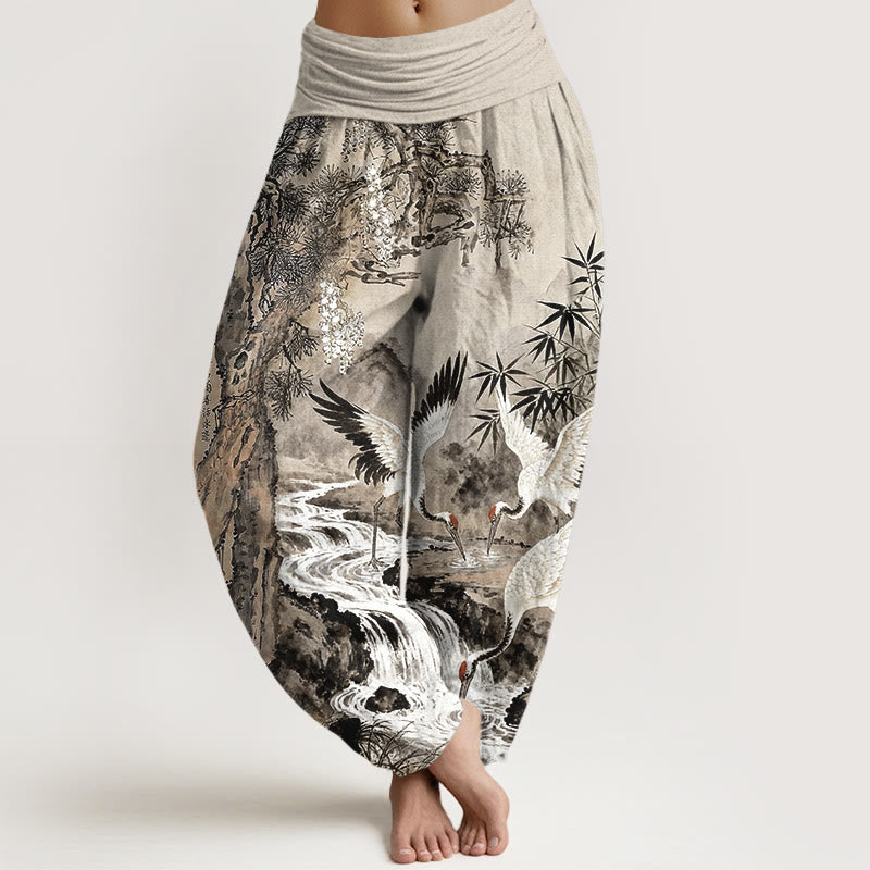 Buddha Stones Haremshose aus reiner Baumwolle mit Rotkronenkranich- und Bachmuster, elastischer Bund für Damen - Bräunen - US16, UK/AU20, EU48 (3XL) - image 0
