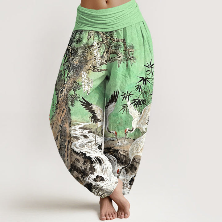 Buddha Stones Haremshose aus reiner Baumwolle mit Rotkronenkranich- und Bachmuster, elastischer Bund für Damen - Hellgrün - US16, UK/AU20, EU48 (3XL) - image 5