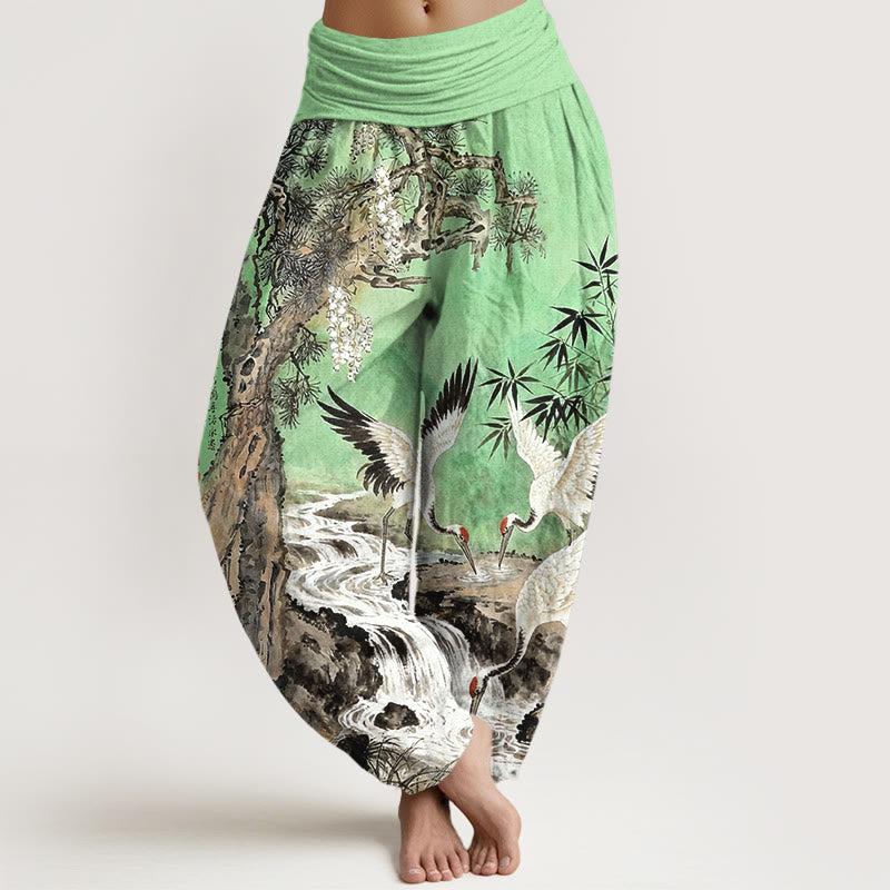 Buddha Stones Haremshose aus reiner Baumwolle mit Rotkronenkranich- und Bachmuster, elastischer Bund für Damen - Hellgrün - US16, UK/AU20, EU48 (3XL) - image 5