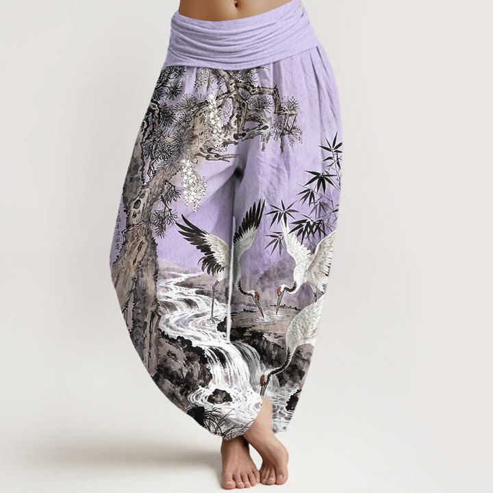 Buddha Stones Haremshose aus reiner Baumwolle mit Rotkronenkranich- und Bachmuster, elastischer Bund für Damen - Mittelviolett - US16, UK/AU20, EU48 (3XL) - image 8