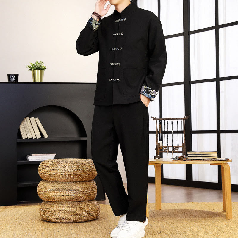 Buddha Stones 2-teiliges Tang-Anzug-Set mit Froschknopfleiste für Herren, bestehend aus Langarmhemd und Hose mit Wellenmuster - Schwarz - US/ UK/AU44, EU54 (4XL) - image 11