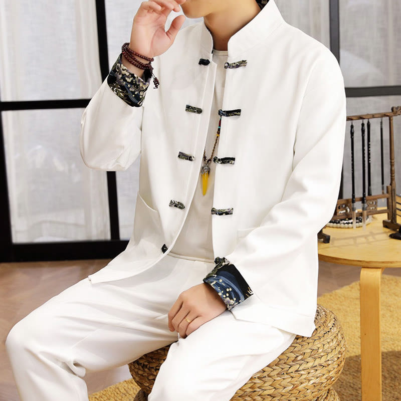 Buddha Stones 2-teiliges Tang-Anzug-Set mit Froschknopfleiste für Herren, bestehend aus Langarmhemd und Hose mit Wellenmuster - image 7