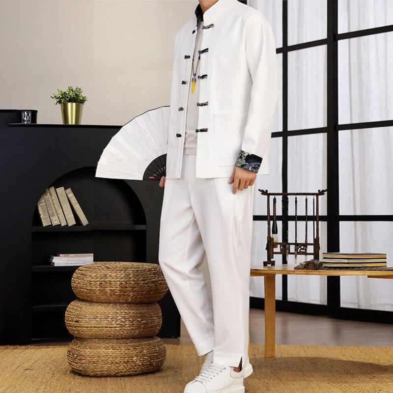 Buddha Stones 2-teiliges Tang-Anzug-Set mit Froschknopfleiste für Herren, bestehend aus Langarmhemd und Hose mit Wellenmuster - image 6