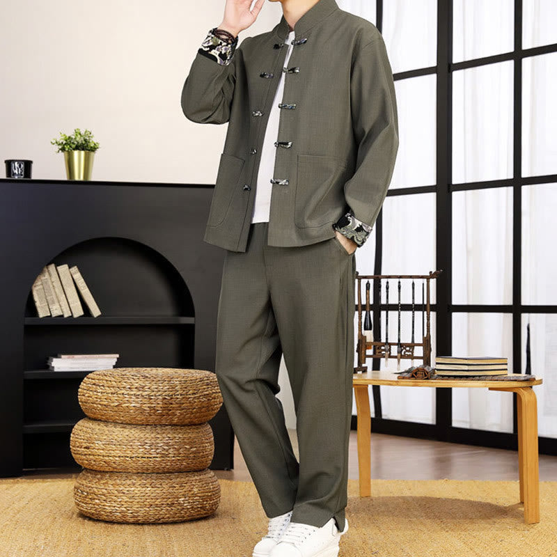 Buddha Stones 2-teiliges Tang-Anzug-Set mit Froschknopfleiste für Herren, bestehend aus Langarmhemd und Hose mit Wellenmuster - image 9