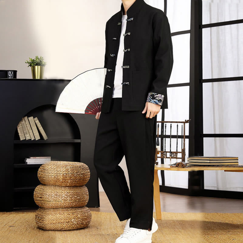 Buddha Stones 2-teiliges Tang-Anzug-Set mit Froschknopfleiste für Herren, bestehend aus Langarmhemd und Hose mit Wellenmuster - image 12