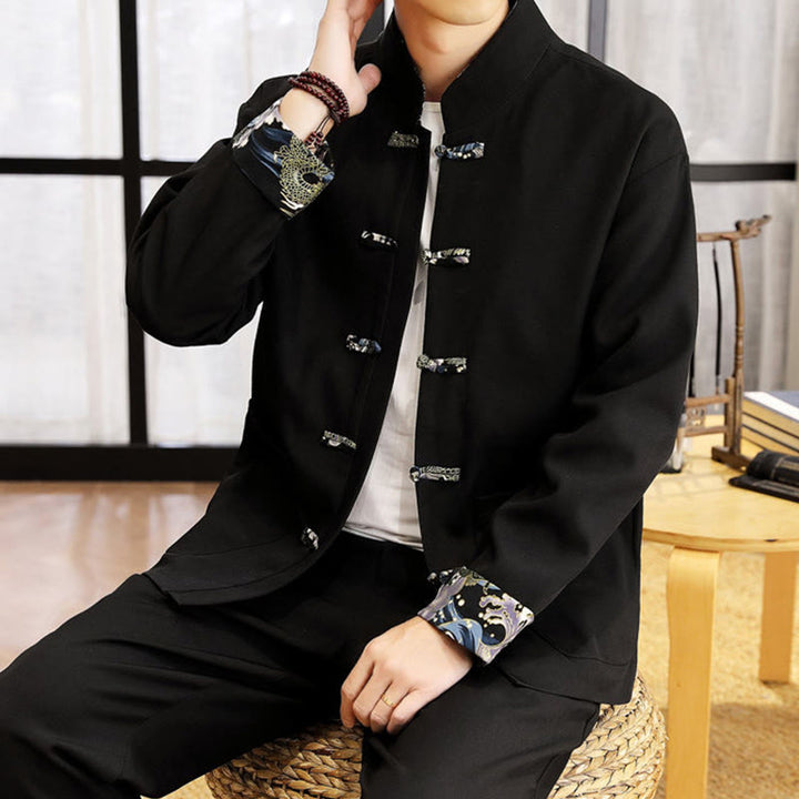 Buddha Stones 2-teiliges Tang-Anzug-Set mit Froschknopfleiste für Herren, bestehend aus Langarmhemd und Hose mit Wellenmuster - image 15