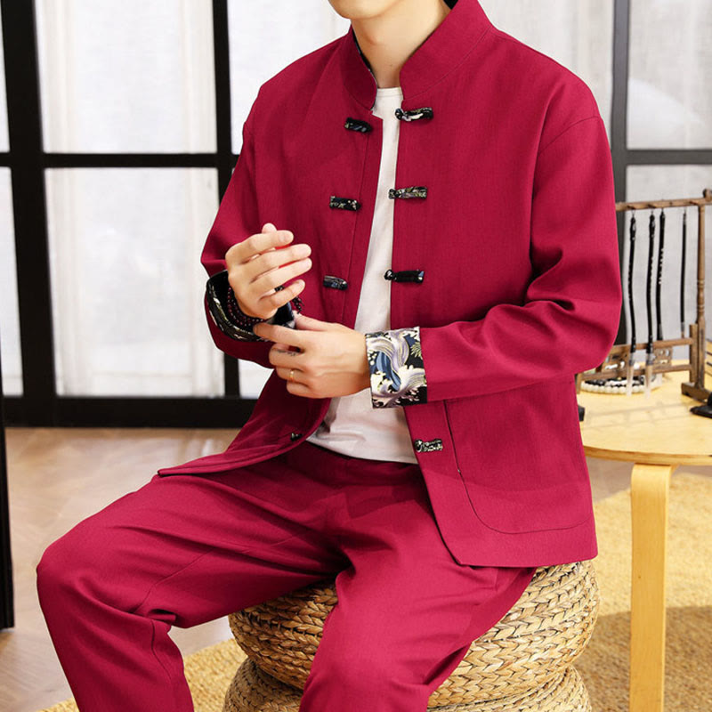 Buddha Stones 2-teiliges Tang-Anzug-Set mit Froschknopfleiste für Herren, bestehend aus Langarmhemd und Hose mit Wellenmuster - image 26