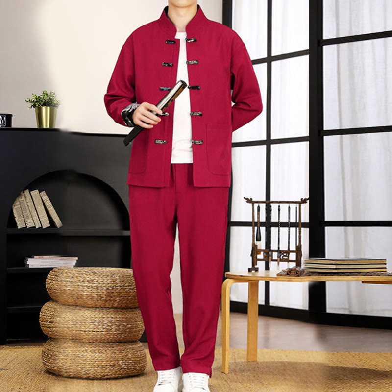 Buddha Stones 2-teiliges Tang-Anzug-Set mit Froschknopfleiste für Herren, bestehend aus Langarmhemd und Hose mit Wellenmuster - image 24