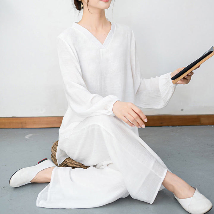 Buddha Stones ​​2-teiliges Set für Damen: Weißes Langarmshirt mit V-Ausschnitt und weite Hose – Meditationsset - image 8