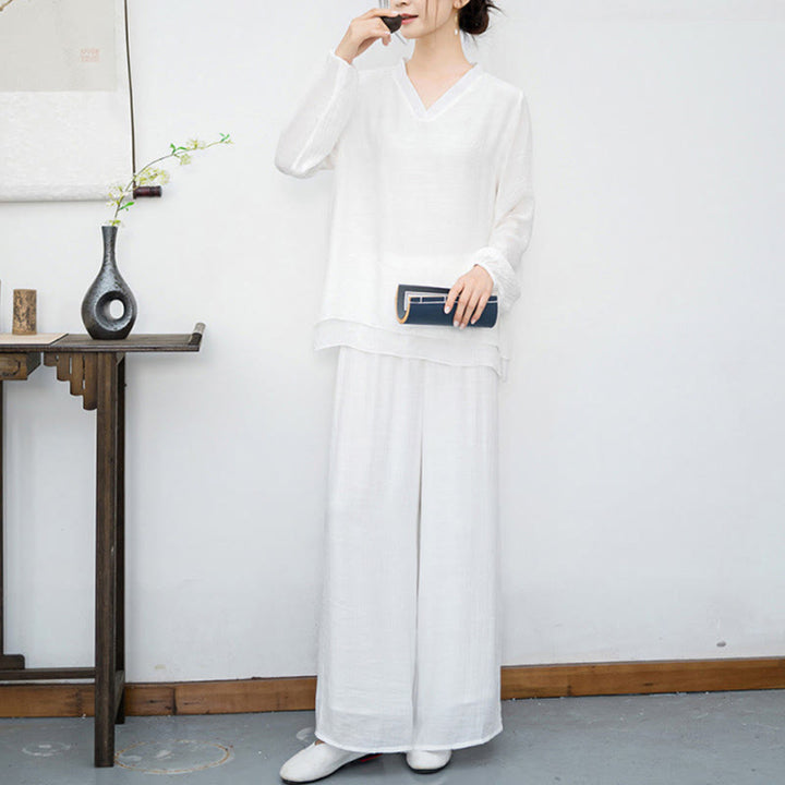 Buddha Stones ​​2-teiliges Set für Damen: Weißes Langarmshirt mit V-Ausschnitt und weite Hose – Meditationsset - image 5