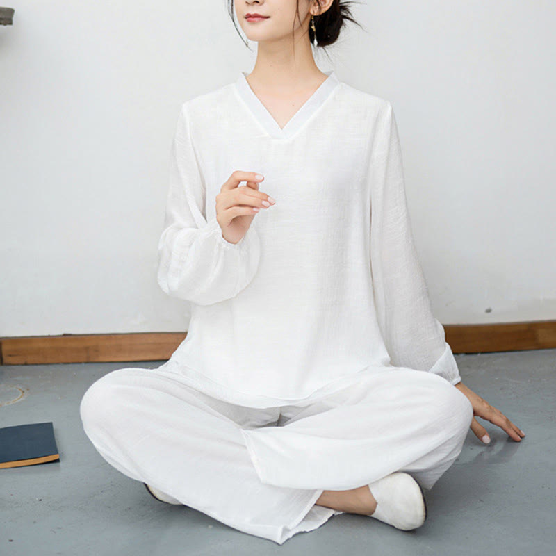 Buddha Stones ​​2-teiliges Set für Damen: Weißes Langarmshirt mit V-Ausschnitt und weite Hose – Meditationsset - image 9
