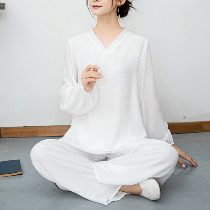 Buddha Stones ​​2-teiliges Set für Damen: Weißes Langarmshirt mit V-Ausschnitt und weite Hose – Meditationsset - image 9
