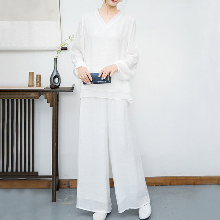 Buddha Stones ​​2-teiliges Set für Damen: Weißes Langarmshirt mit V-Ausschnitt und weite Hose – Meditationsset - image 4