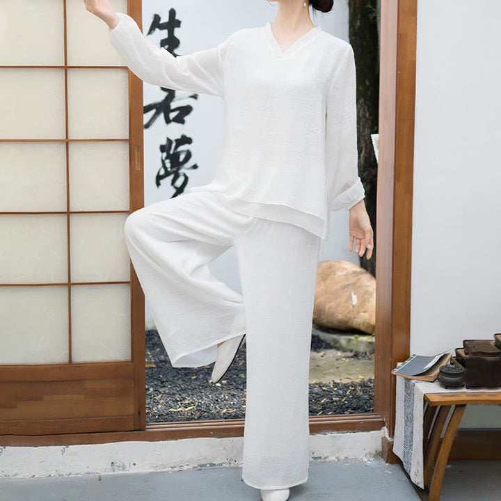 Buddha Stones ​​2-teiliges Set für Damen: Weißes Langarmshirt mit V-Ausschnitt und weite Hose – Meditationsset - image 2