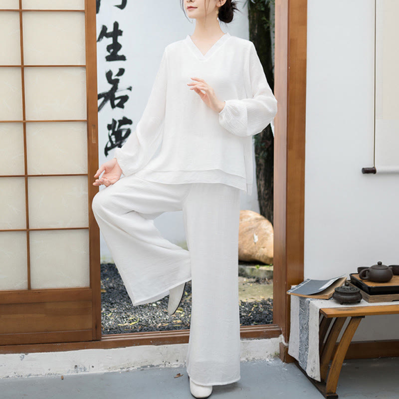 Buddha Stones ​​2-teiliges Set für Damen: Weißes Langarmshirt mit V-Ausschnitt und weite Hose – Meditationsset - Weiß - US 8-10, UK/AU 12-14, EU 40-42 (2XL) - image 0