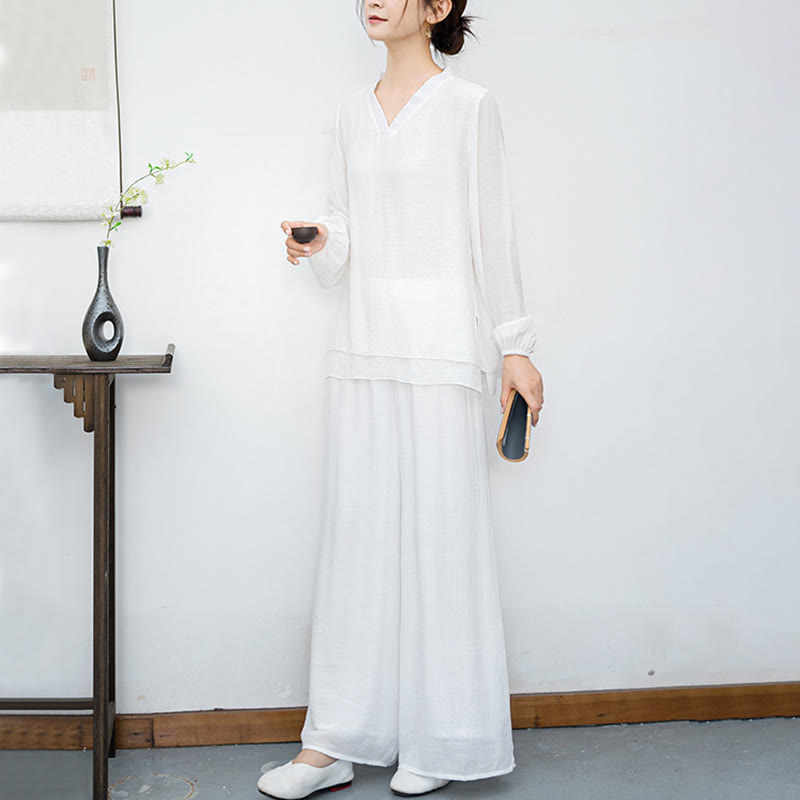 Buddha Stones ​​2-teiliges Set für Damen: Weißes Langarmshirt mit V-Ausschnitt und weite Hose – Meditationsset - image 6