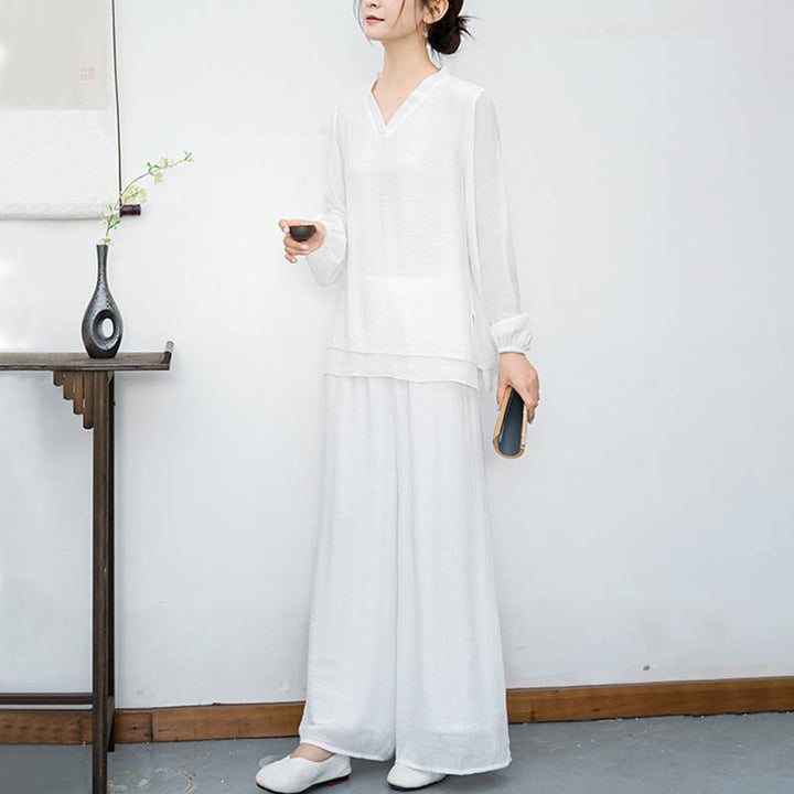 Buddha Stones ​​2-teiliges Set für Damen: Weißes Langarmshirt mit V-Ausschnitt und weite Hose – Meditationsset - image 6