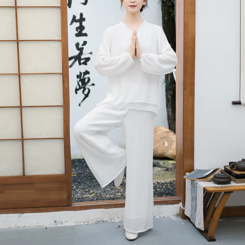 Buddha Stones ​​2-teiliges Set für Damen: Weißes Langarmshirt mit V-Ausschnitt und weite Hose – Meditationsset - image 1
