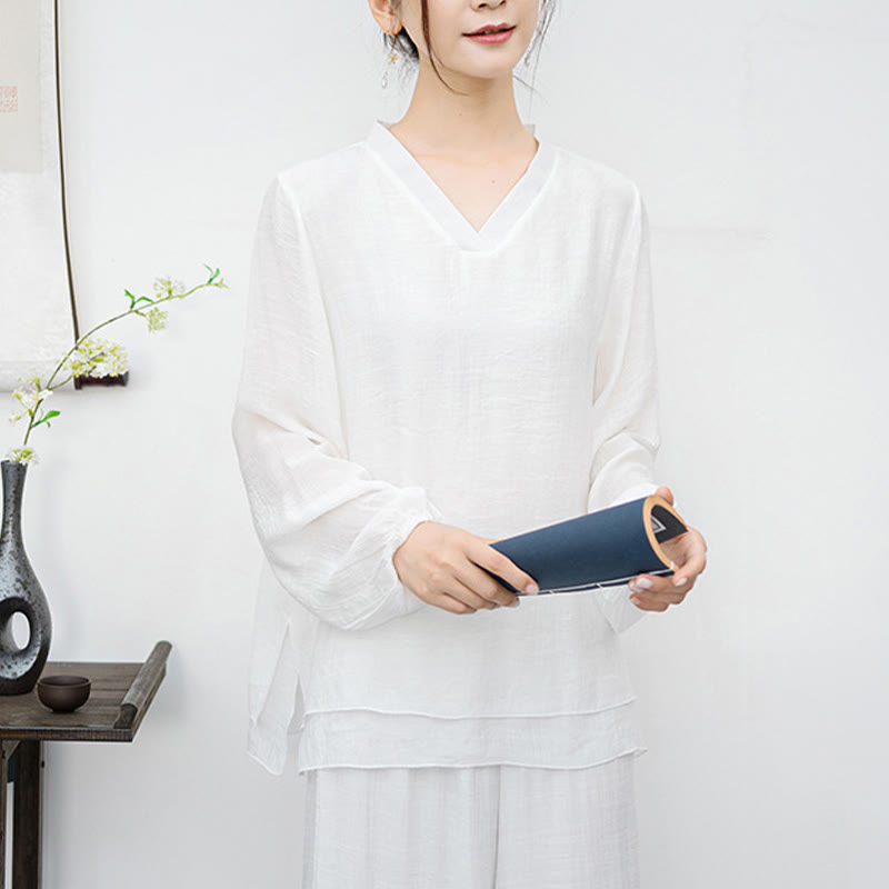 Buddha Stones ​​2-teiliges Set für Damen: Weißes Langarmshirt mit V-Ausschnitt und weite Hose – Meditationsset - image 7