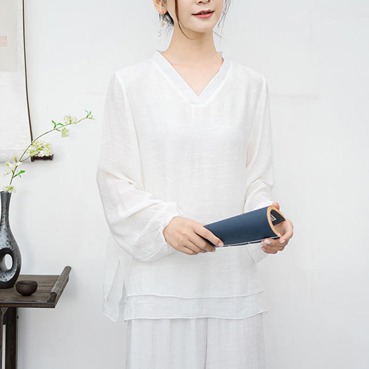 Buddha Stones ​​2-teiliges Set für Damen: Weißes Langarmshirt mit V-Ausschnitt und weite Hose – Meditationsset - image 7
