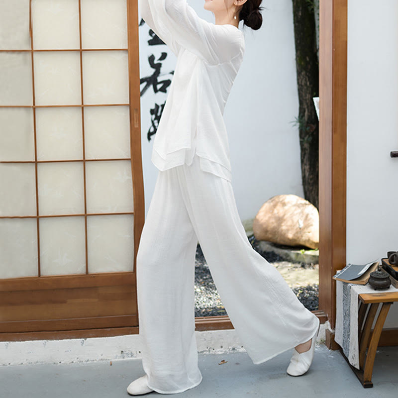 Buddha Stones ​​2-teiliges Set für Damen: Weißes Langarmshirt mit V-Ausschnitt und weite Hose – Meditationsset - image 3