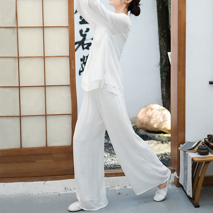 Buddha Stones ​​2-teiliges Set für Damen: Weißes Langarmshirt mit V-Ausschnitt und weite Hose – Meditationsset - image 3