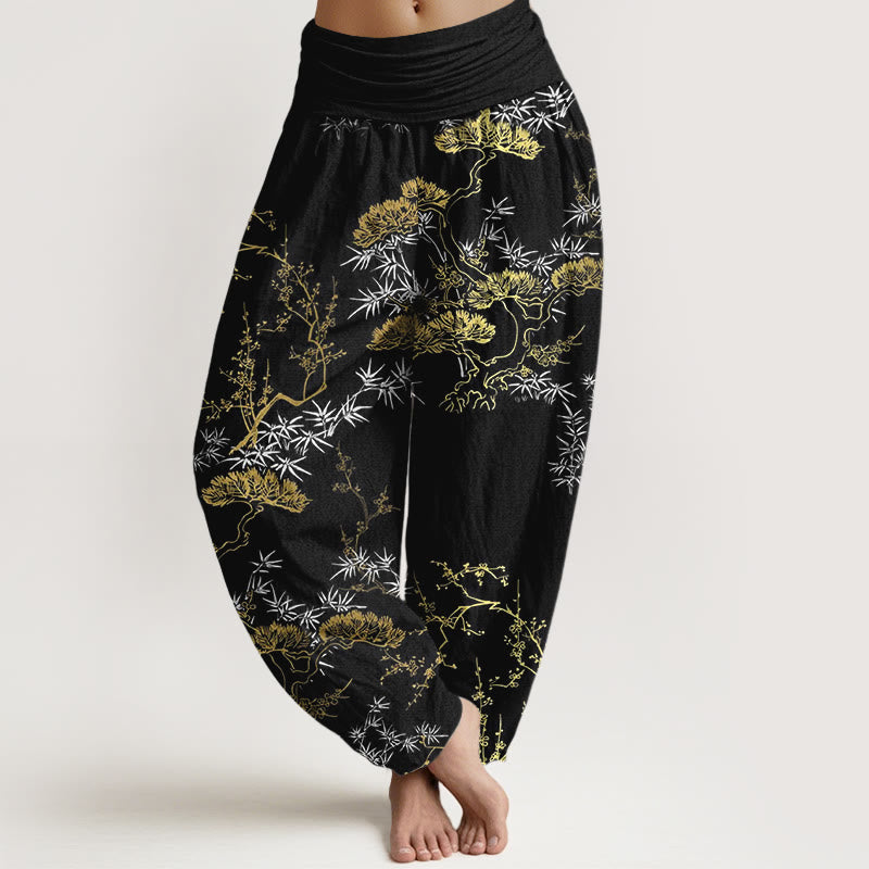 Buddha Stones Haremshose aus reiner Baumwolle mit Kiefern-, Bambus- und Pflaumenmuster, elastischer Bund für Damen - Schwarz - US16, UK/AU20, EU48 (3XL) - image 0