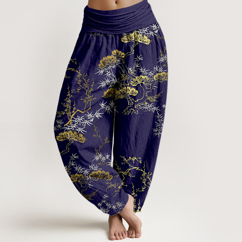 Buddha Stones Haremshose aus reiner Baumwolle mit Kiefern-, Bambus- und Pflaumenmuster, elastischer Bund für Damen - Mitternachtsblau - US16, UK/AU20, EU48 (3XL) - image 8