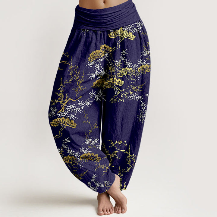Buddha Stones Haremshose aus reiner Baumwolle mit Kiefern-, Bambus- und Pflaumenmuster, elastischer Bund für Damen - Mitternachtsblau - US16, UK/AU20, EU48 (3XL) - image 8