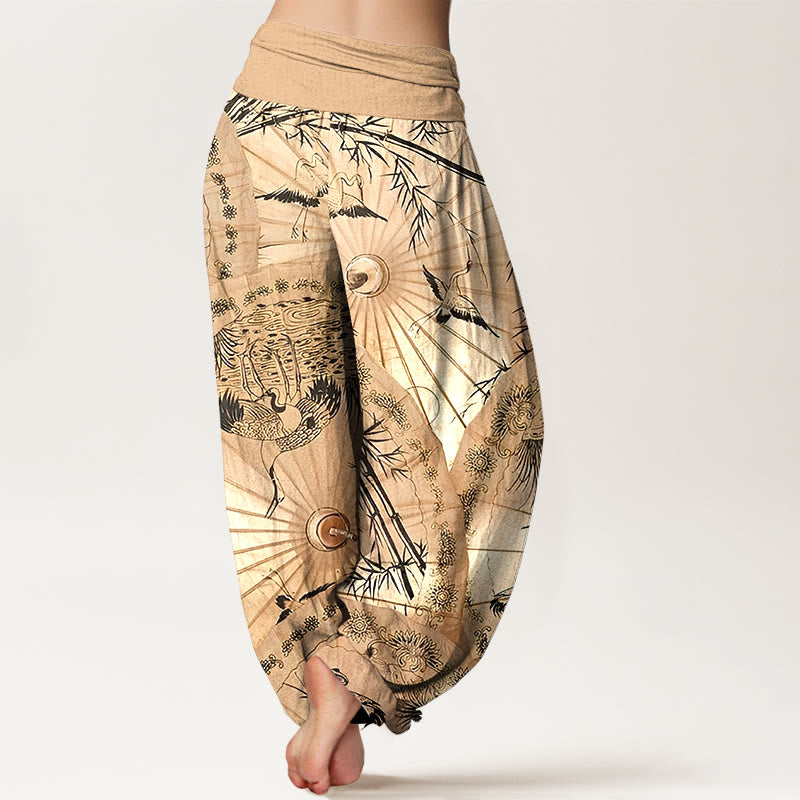 Buddha Stones, reine Baumwolle, Regenschirm-Kranich-Bambusmuster, Damen-Haremshose mit elastischem Bund - image 1