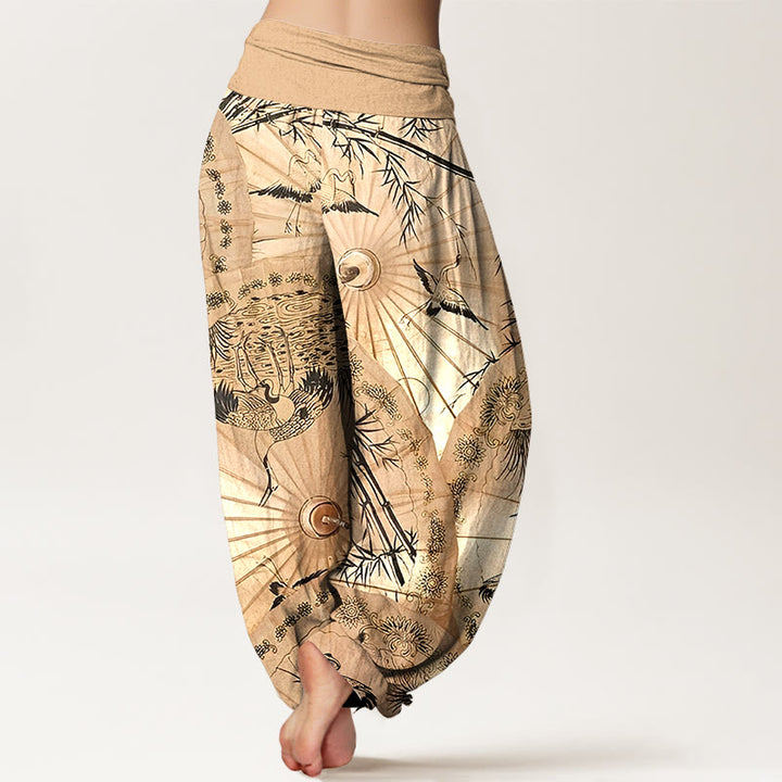 Buddha Stones, reine Baumwolle, Regenschirm-Kranich-Bambusmuster, Damen-Haremshose mit elastischem Bund - image 1