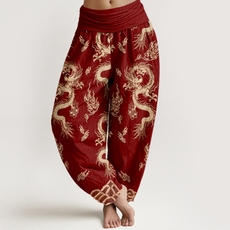 Buddha Stones Haremshose aus reiner Baumwolle mit Drachen- und Wolkenmuster, elastischer Bund, Damen - Dunkelrot - US16, UK/AU20, EU48 (3XL) - image 0