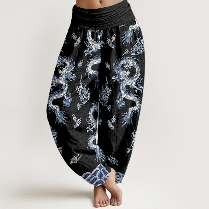Buddha Stones Haremshose aus reiner Baumwolle mit Drachen- und Wolkenmuster, elastischer Bund, Damen - Schwarz - US16, UK/AU20, EU48 (3XL) - image 5