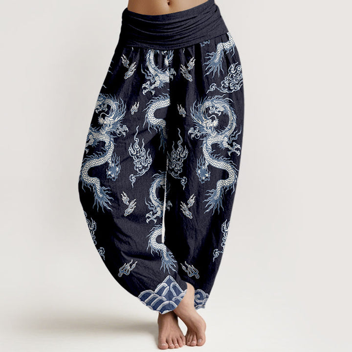 Buddha Stones Haremshose aus reiner Baumwolle mit Drachen- und Wolkenmuster, elastischer Bund, Damen - Marine - US16, UK/AU20, EU48 (3XL) - image 8