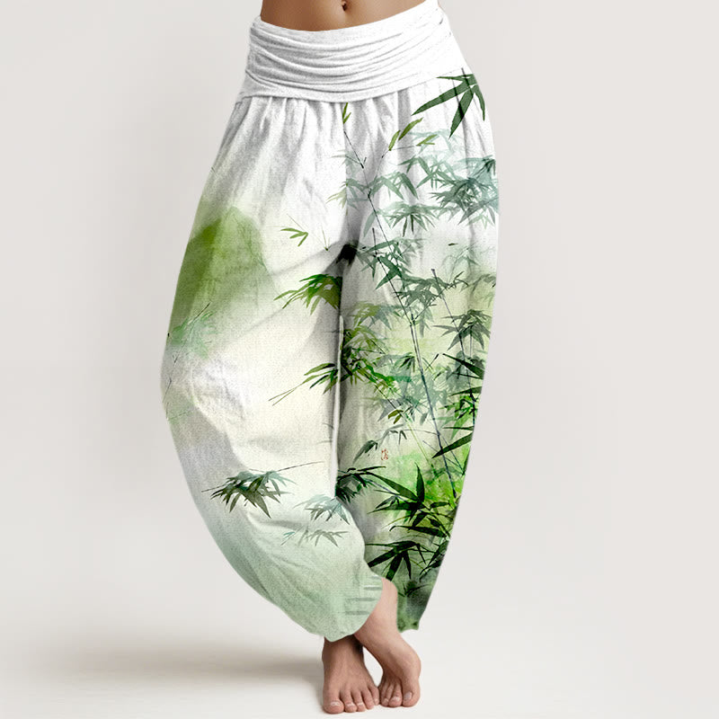 Damen-Haremshose aus reiner Baumwolle mit Buddha Stones, Bambusblatt- und Bergmotiv sowie elastischem Bund - Hellgrün - US16, UK/AU20, EU48 (3XL) - image 0