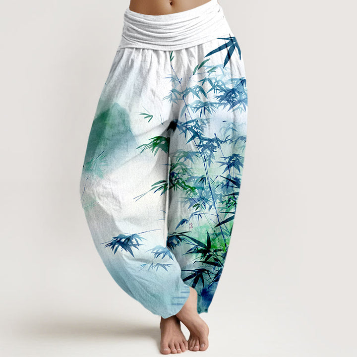Damen-Haremshose aus reiner Baumwolle mit Buddha Stones, Bambusblatt- und Bergmotiv sowie elastischem Bund - Hellcyan - US16, UK/AU20, EU48 (3XL) - image 8
