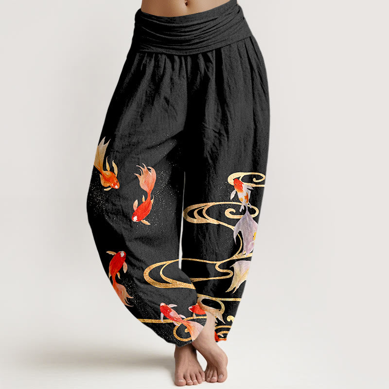 Buddha Stones Haremshose aus reiner Baumwolle mit Koi-Fisch- und Wasserwellenmuster, elastischem Bund für Damen - Schwarz - US16, UK/AU20, EU48 (3XL) - image 0