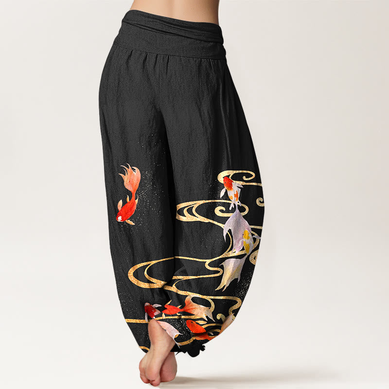 Buddha Stones Haremshose aus reiner Baumwolle mit Koi-Fisch- und Wasserwellenmuster, elastischem Bund für Damen - image 1