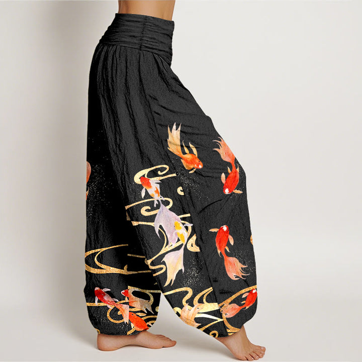 Buddha Stones Haremshose aus reiner Baumwolle mit Koi-Fisch- und Wasserwellenmuster, elastischem Bund für Damen - image 2