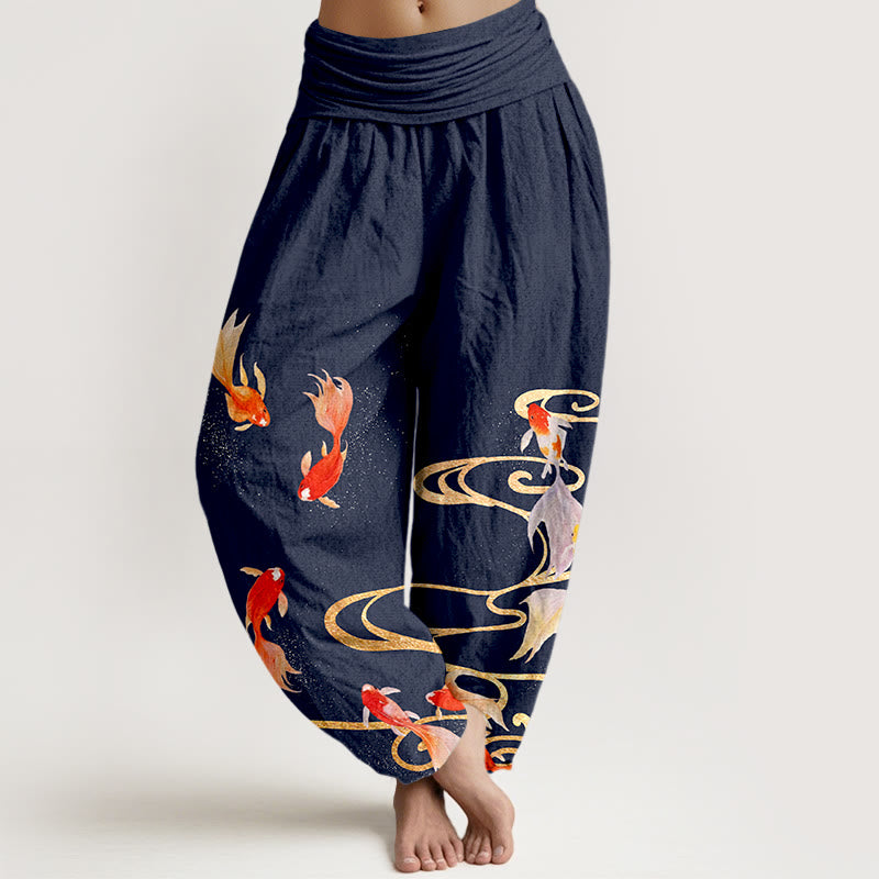 Buddha Stones Haremshose aus reiner Baumwolle mit Koi-Fisch- und Wasserwellenmuster, elastischem Bund für Damen - Mitternachtsblau - US16, UK/AU20, EU48 (3XL) - image 5