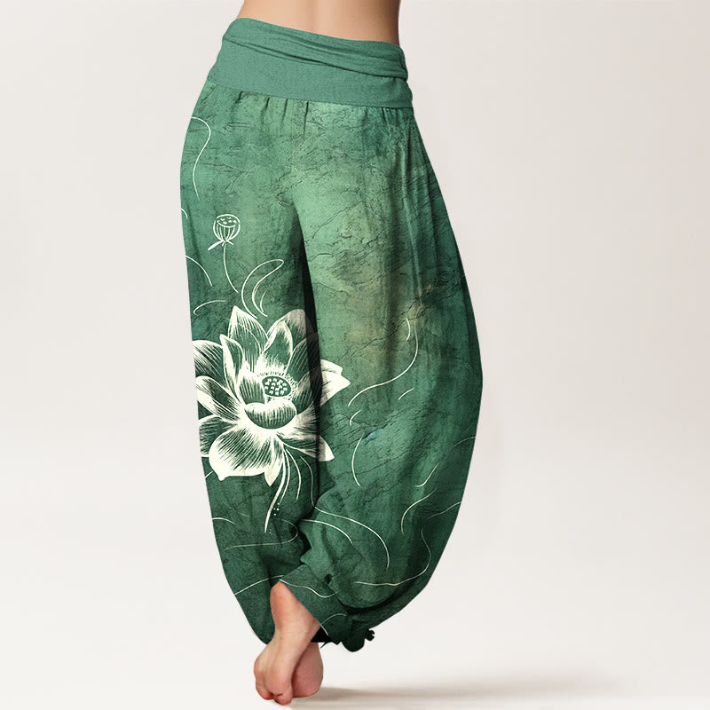 Buddha Stones Haremshose aus reiner Baumwolle mit Lotusblumenmuster und elastischem Bund für Damen - image 1