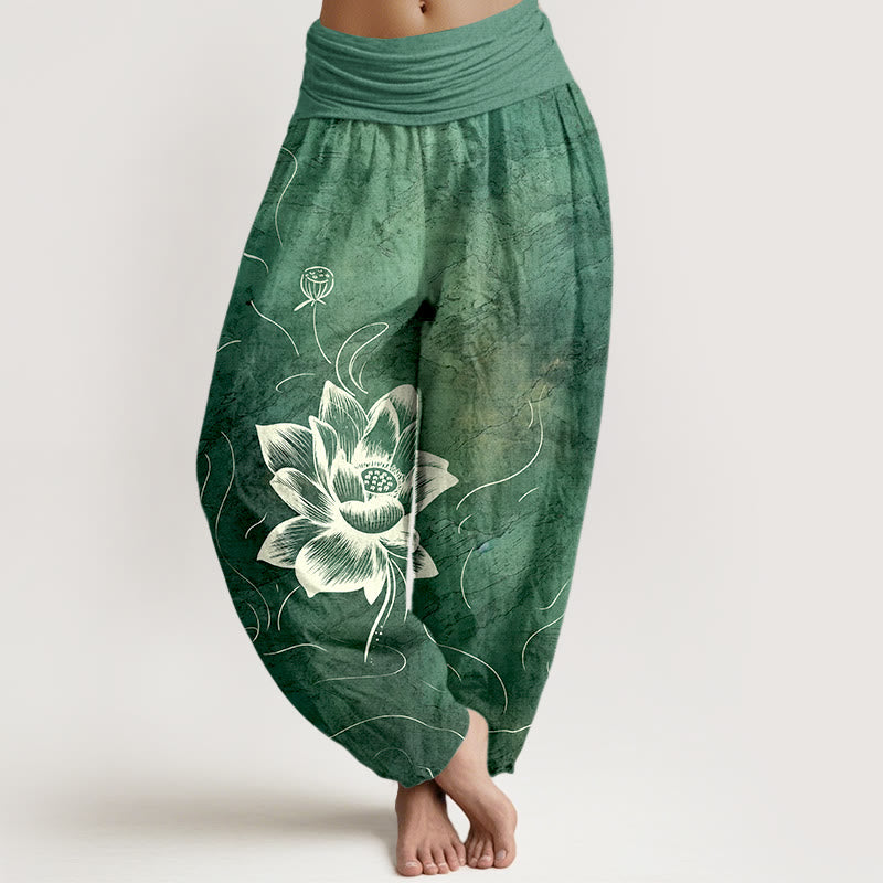 Buddha Stones Haremshose aus reiner Baumwolle mit Lotusblumenmuster und elastischem Bund für Damen - SeaGreen - US16, UK/AU20, EU48 (3XL) - image 0