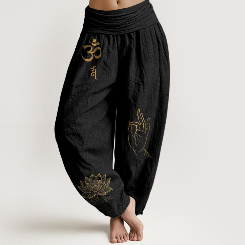 Buddha Stones, Om-Dhi-Symbole, Lotus-Buddha-Hand-Muster, Damen-Haremshose aus Baumwolle mit elastischem Bund - Schwarz - US16, UK/AU20, EU48 (3XL) - image 0