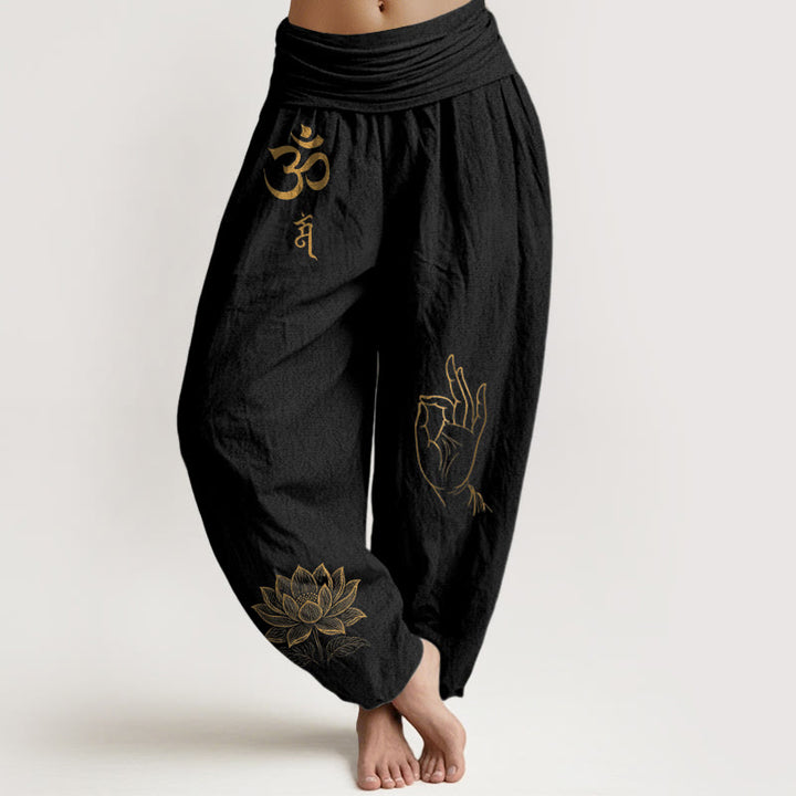 Buddha Stones, Om-Dhi-Symbole, Lotus-Buddha-Hand-Muster, Damen-Haremshose aus Baumwolle mit elastischem Bund - Schwarz - US16, UK/AU20, EU48 (3XL) - image 0