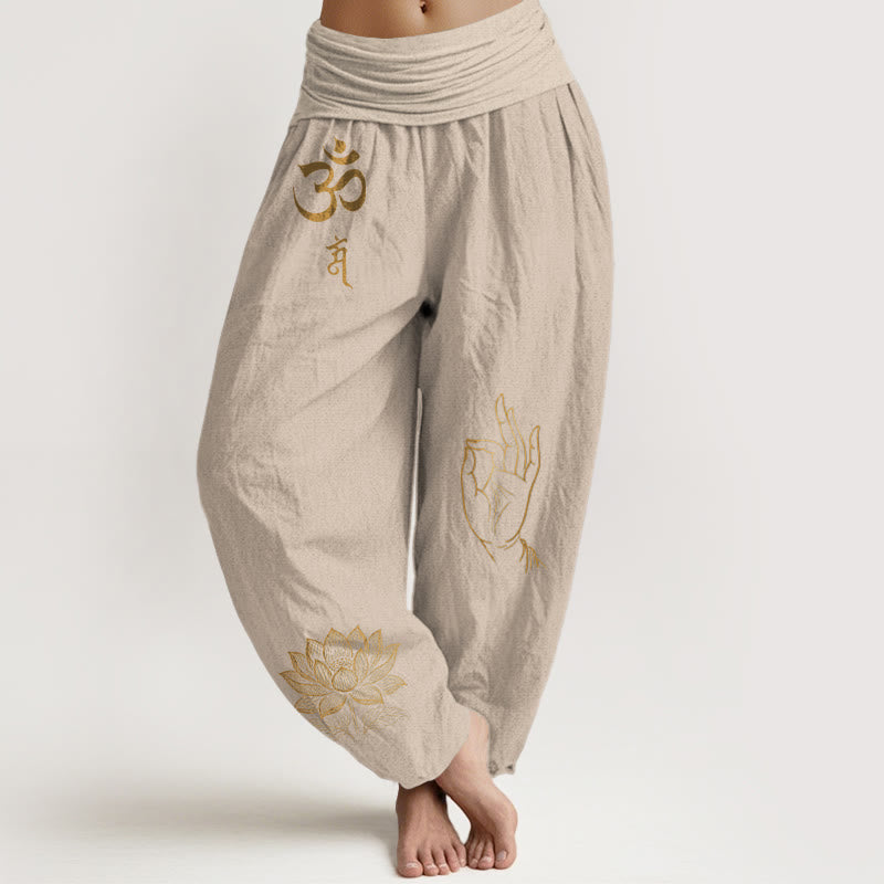 Buddha Stones, Om-Dhi-Symbole, Lotus-Buddha-Hand-Muster, Damen-Haremshose aus Baumwolle mit elastischem Bund - Bräunen - US16, UK/AU20, EU48 (3XL) - image 11
